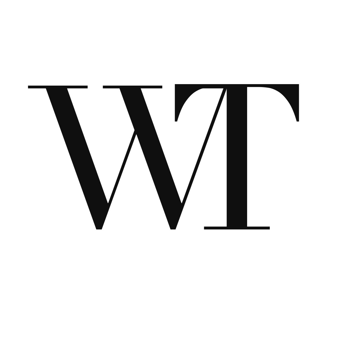 Bold black serif WT monogram logo on white background, featuring overlapping W and T letterforms in elegant typography.