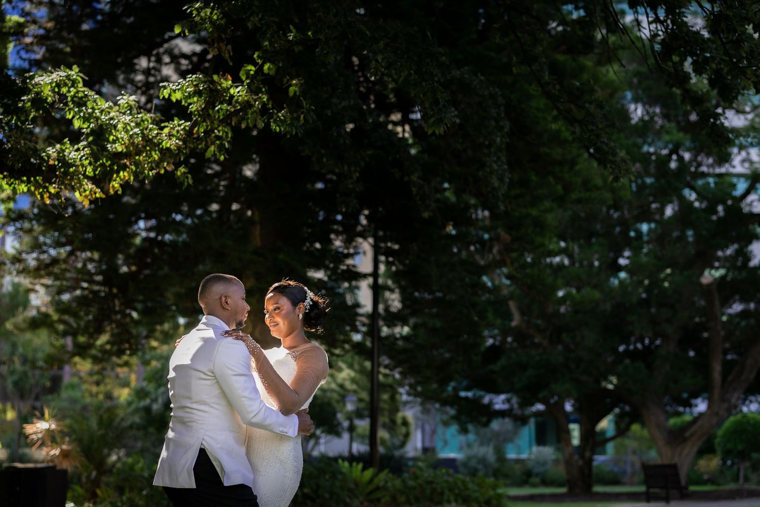Bride and groom share tender dance embrace surrounded by lush green trees in sunlit garden.