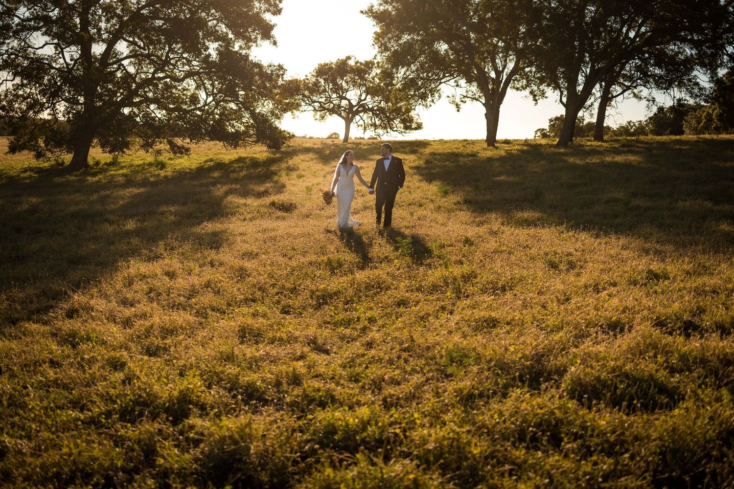 Bride and groom walk hand in hand across a golden grassy field at sunset, surrounded by tall oak trees and warm glowing light.