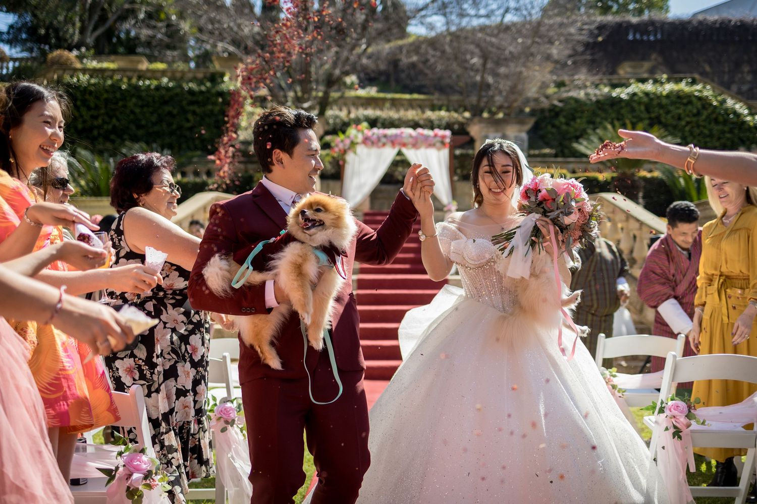 Bride and groom walk down outdoor aisle holding small dog, surrounded by cheering guests at sunny garden wedding.