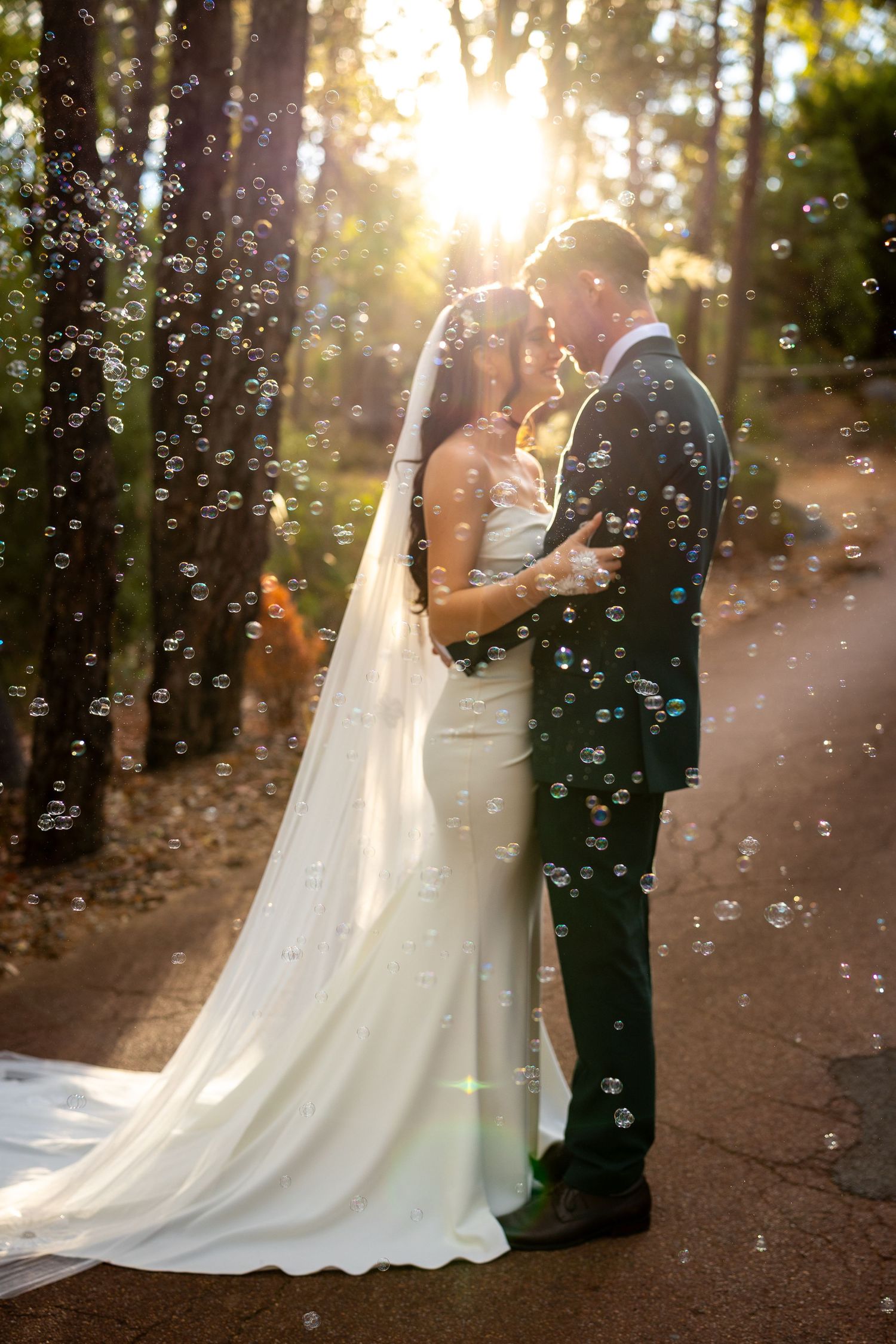 Bride and groom kissing surrounded by bubbles in sunlit forest, bride wearing white gown with long veil.