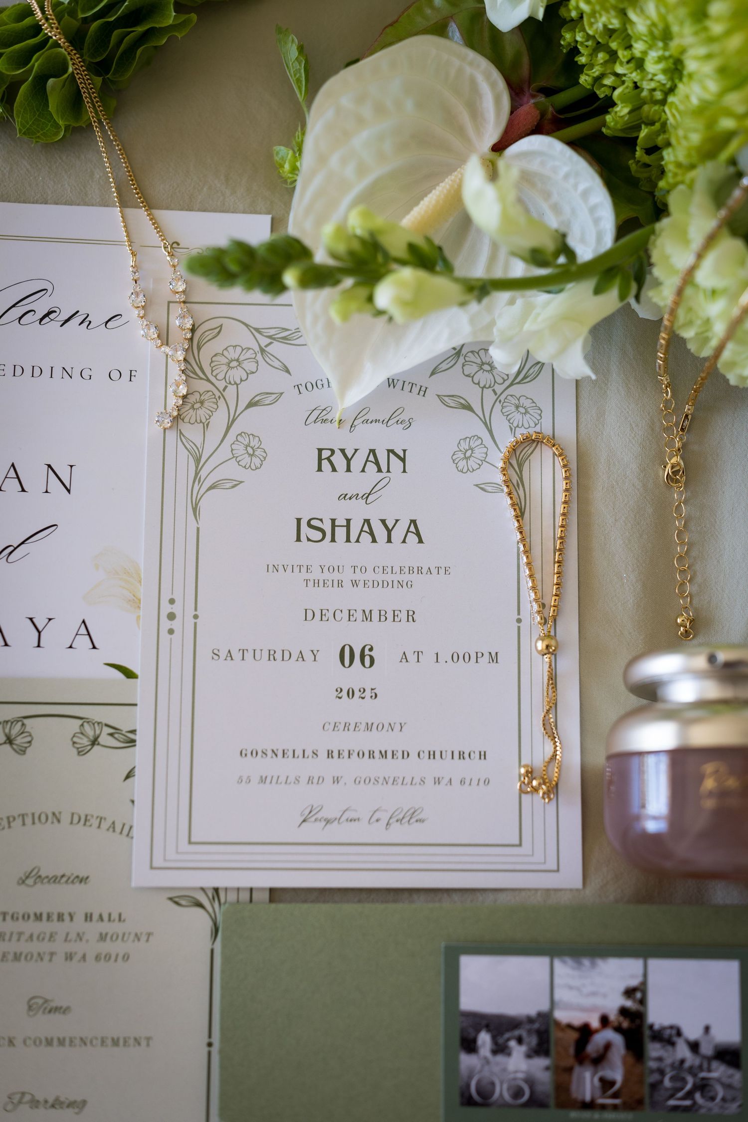 Elegant wedding invitation for Ryan and Ishaya, December 6 2025, adorned with gold jewelry and white floral arrangements.
