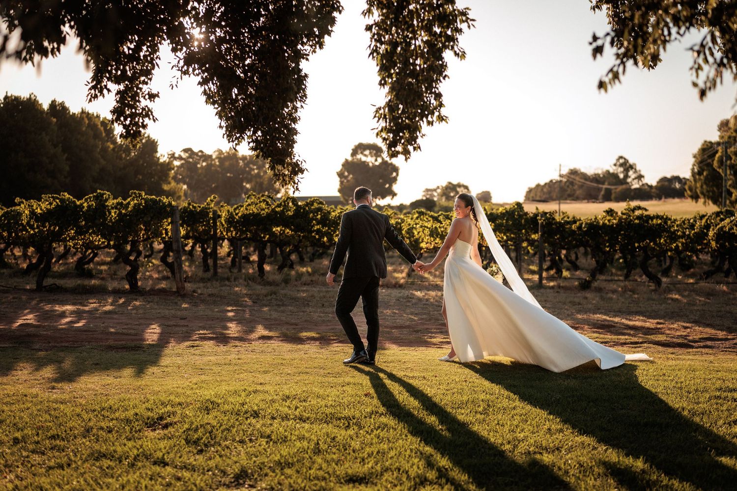 Bride and groom walk hand in hand through a sunlit vineyard, her gown trailing gracefully on the grass.