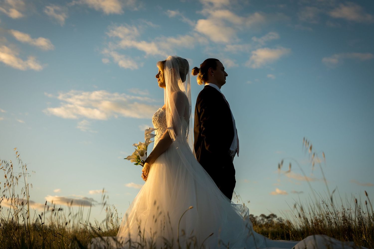 Bride and groom standing back-to-back in a field at golden hour, with a blue sky and clouds behind them.