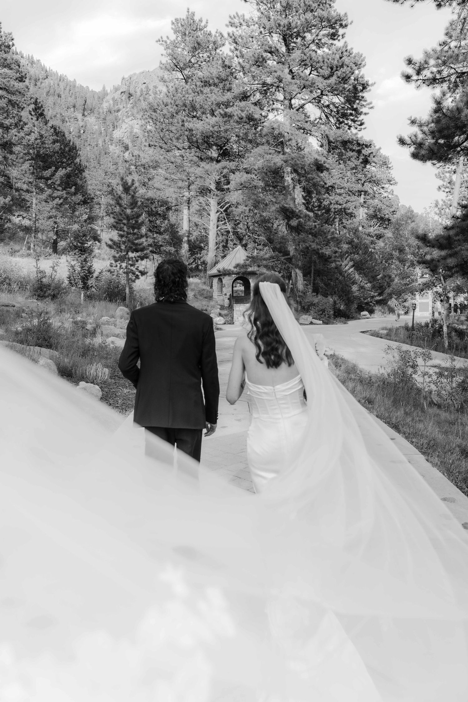 Black and white photo of bride and groom walking hand in hand down a tree-lined path with mountain backdrop.