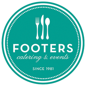 Footers Catering & Events logo featuring fork, knife, and spoon icons on a teal circular badge, established since 1981.