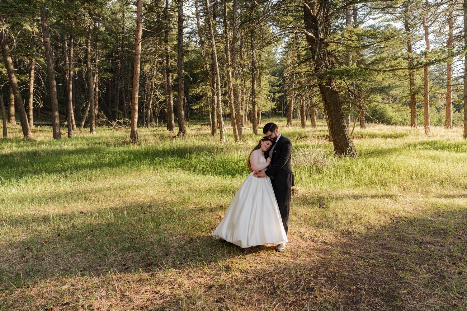 Bride and groom embracing in a sunlit forest clearing, surrounded by tall pine trees and lush green grass.