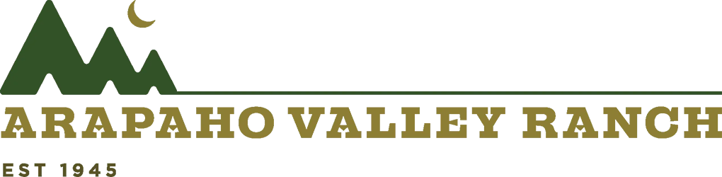 Arapaho Valley Ranch logo with green mountain and moon icon, established 1945, in olive and gold colors.