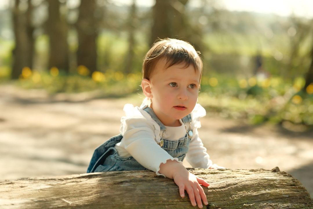 A child crawls and explores on a fallen tree trunk in a sunny outdoor setting.