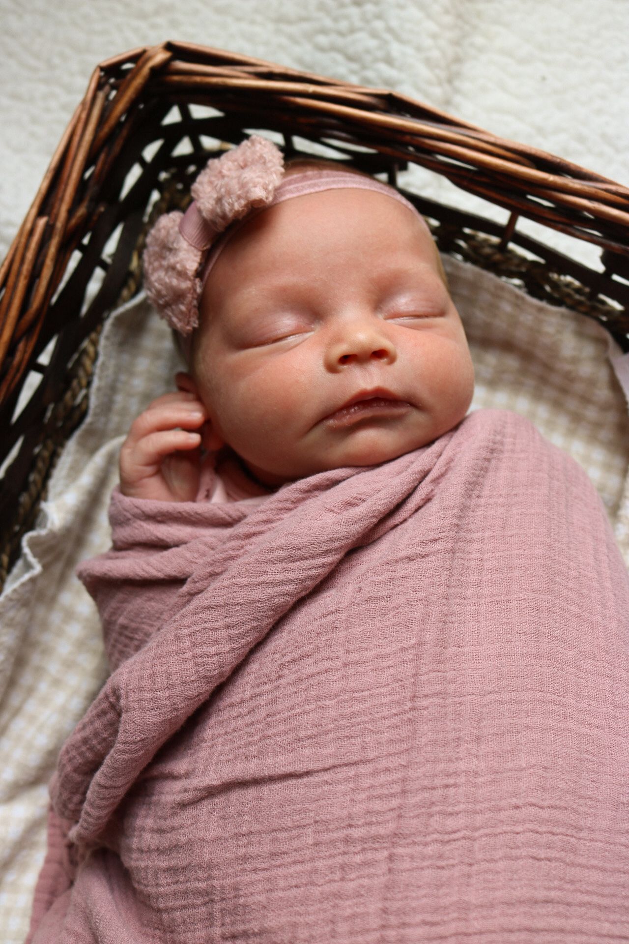 Peaceful sleeping newborn swaddled in dusty rose wrap in wooden basket.