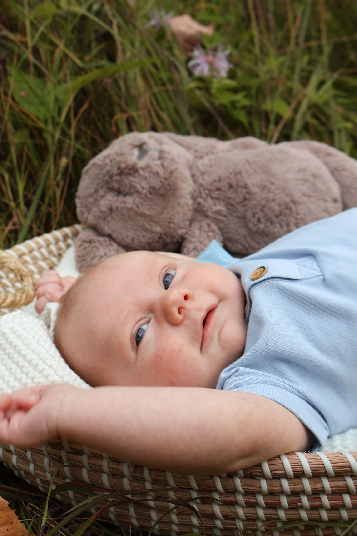 A baby in blue lies in a woven basket with a plush toy outdoors.
