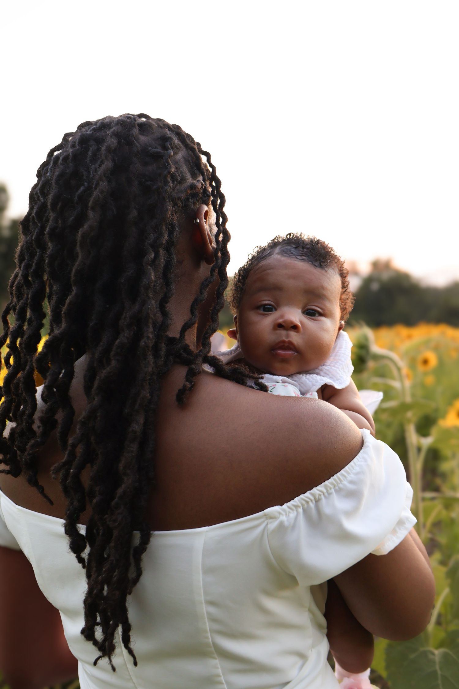 A tender moment captured in a sunflower field with a white-dressed figure holding a baby against a sunset backdrop.