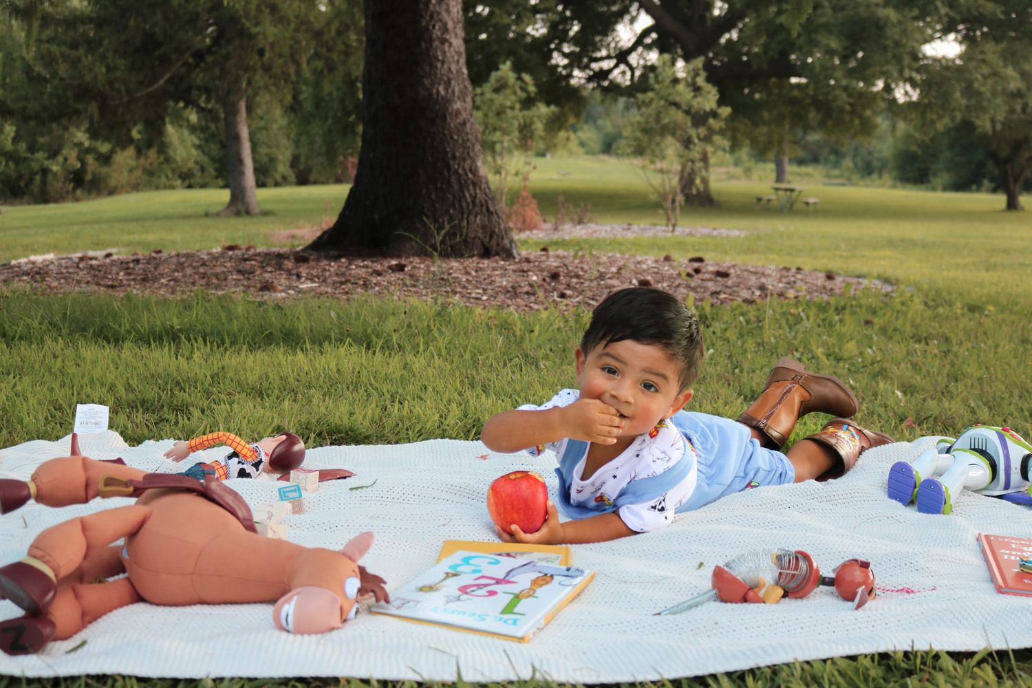 Family enjoying outdoor reading time on blanket under trees.