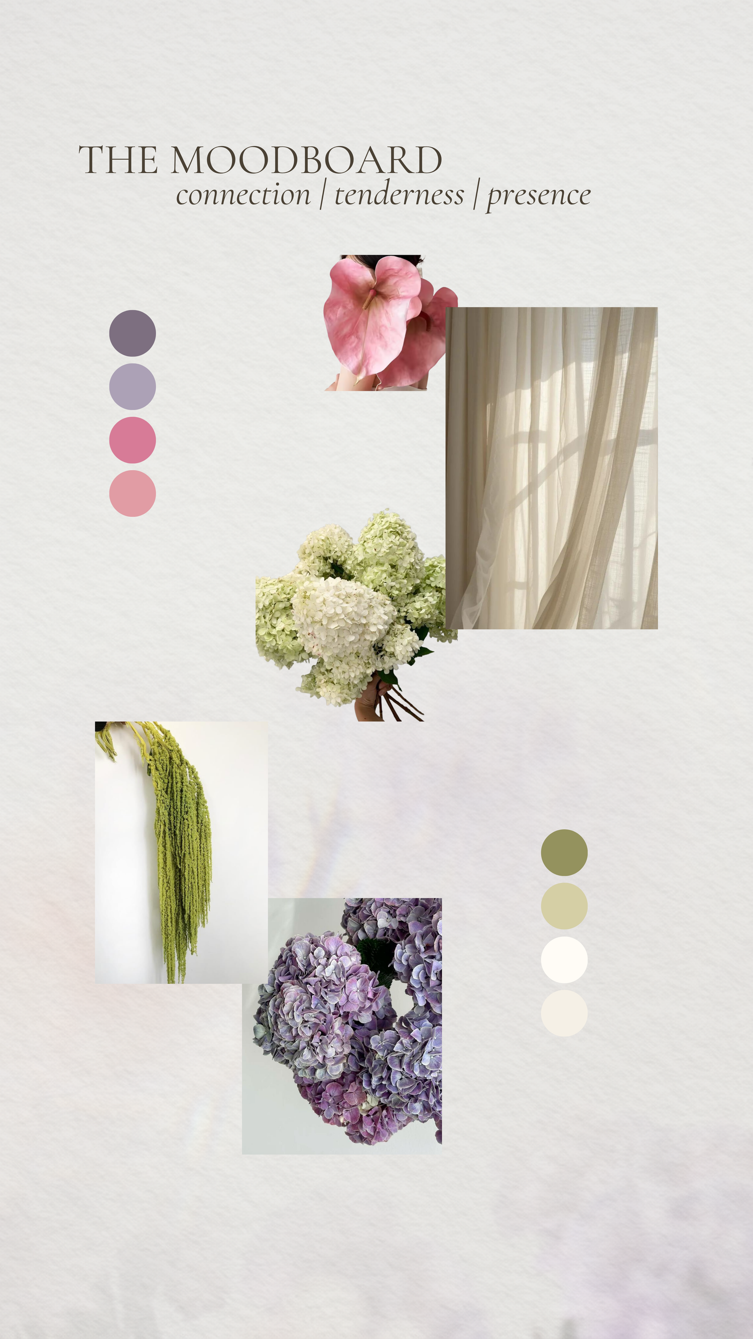 A soft and ethereal moodboard featuring hydrangeas, white flowers, and sheer curtains in muted purple and pink tones.