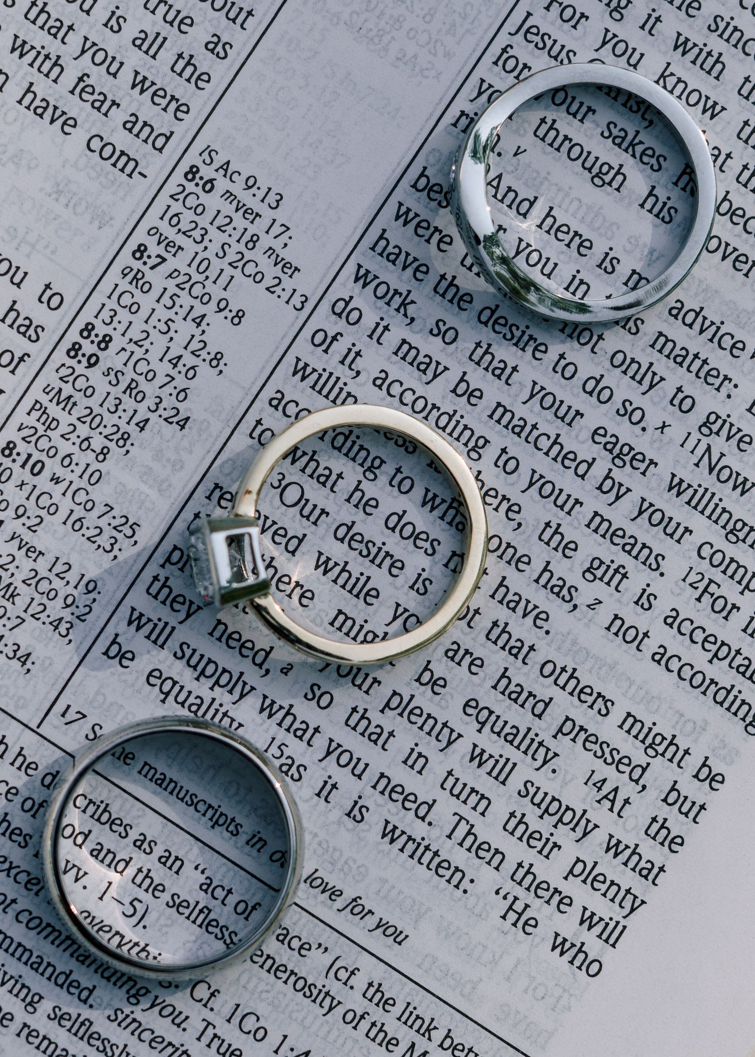 Wedding rings photographed on open pages of a book with text, creating an elegant and symbolic composition.