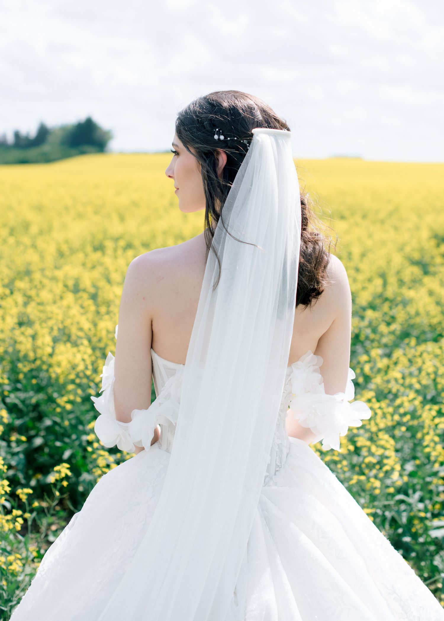 A bride in a white wedding gown poses in a vibrant yellow canola flower field on a sunny day.