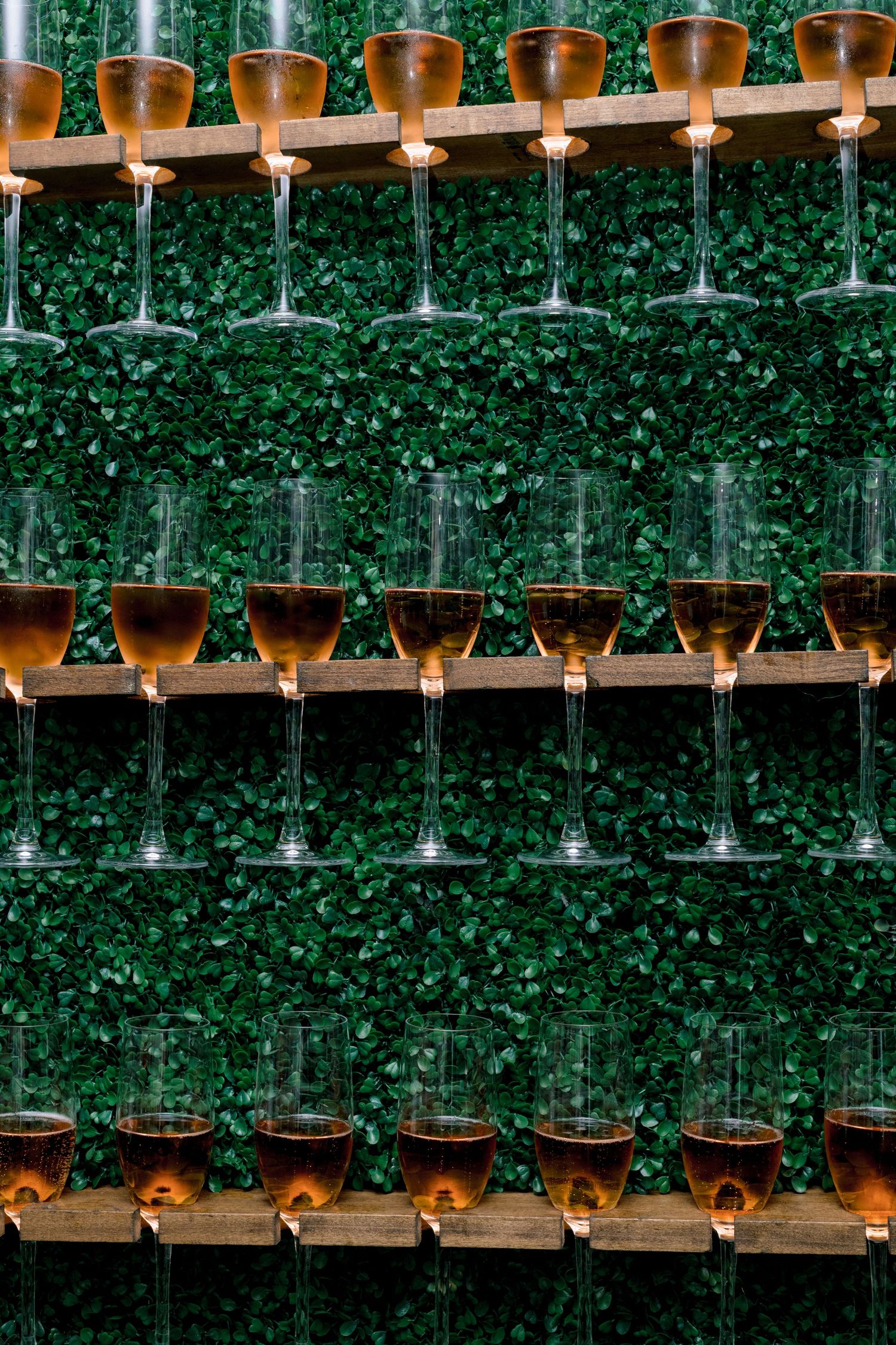 Rows of golden wine glasses filled with rose champagne displayed against a dark green leafy background.