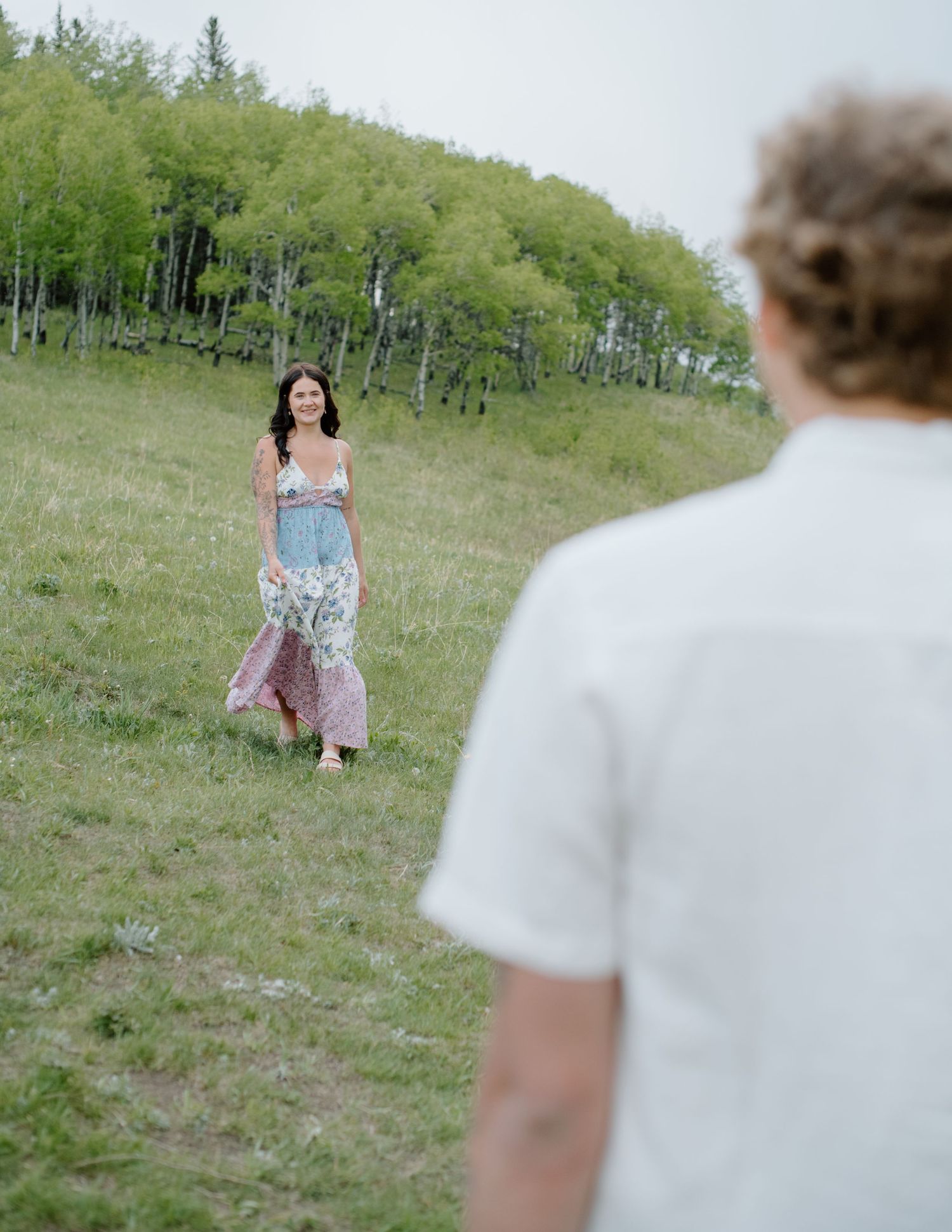 A couple playfully interacting in a mountain meadow with forests in the background. Calgary Alberta Engagement Photographer.