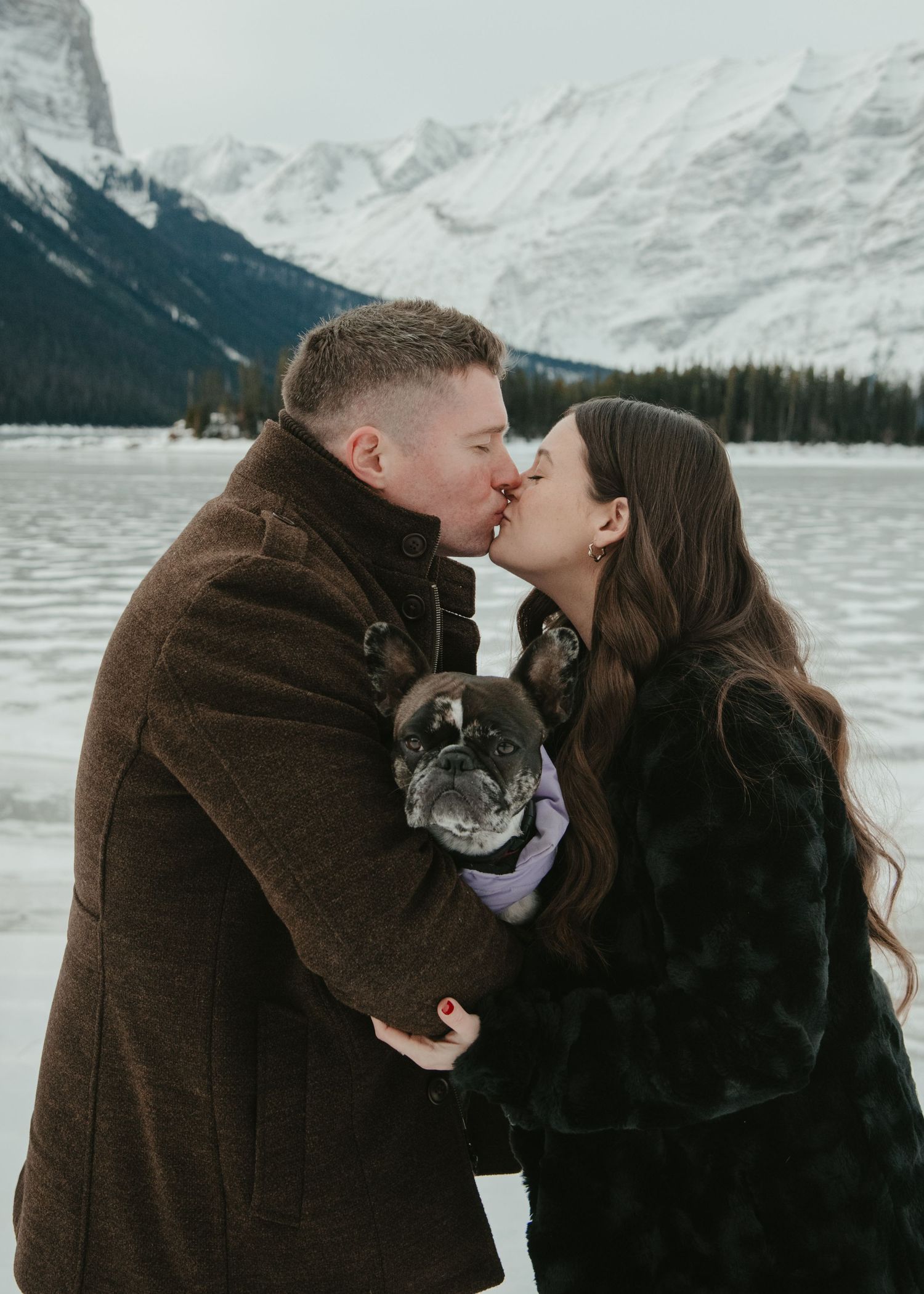 A romantic winter moment shared between a couple holding a small dog with snowy mountains behind them. Calgary Alberta Maternity Photograph