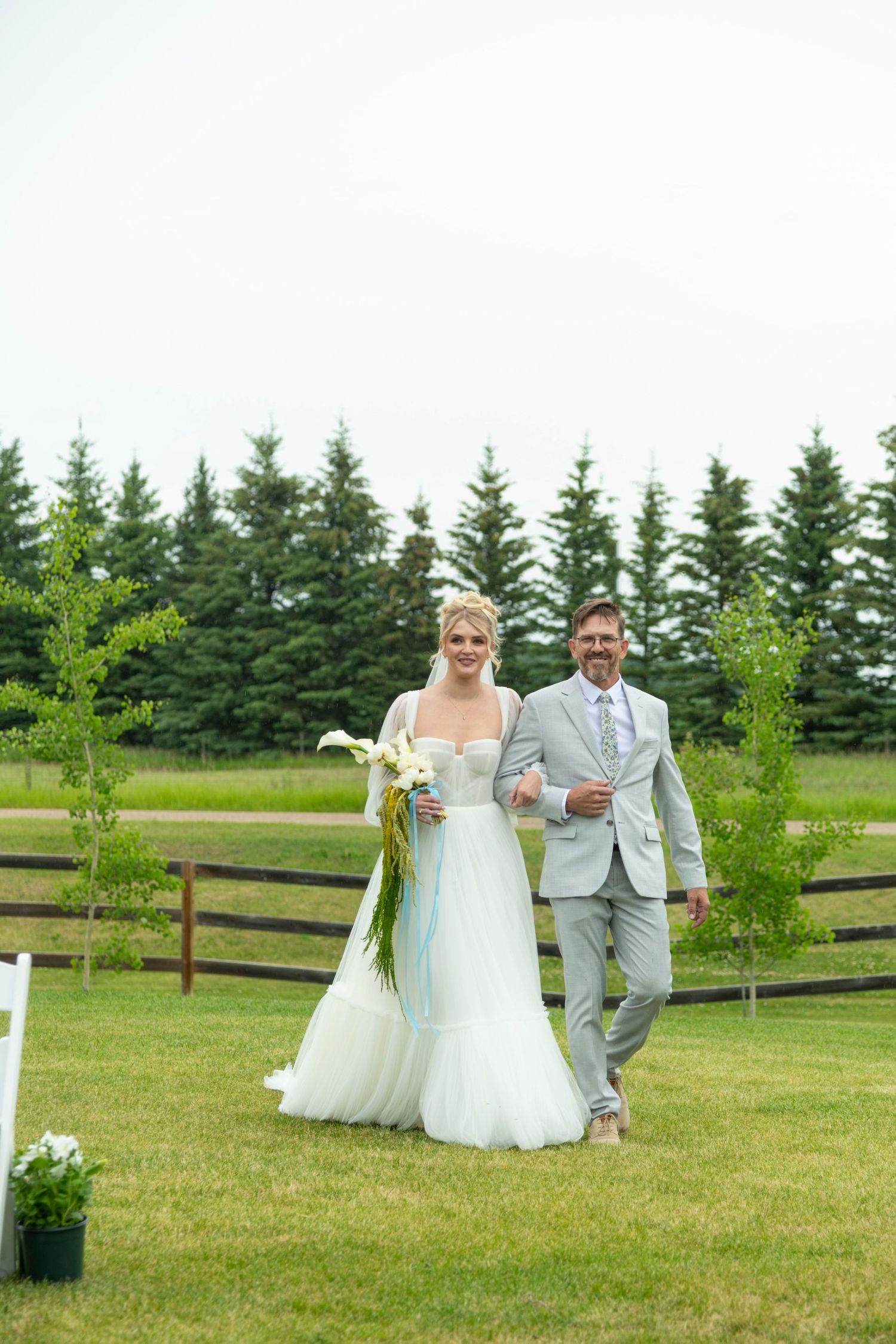 Wedding couple walks together on grass path with evergreen tree backdrop. Calgary Wedding Photographer