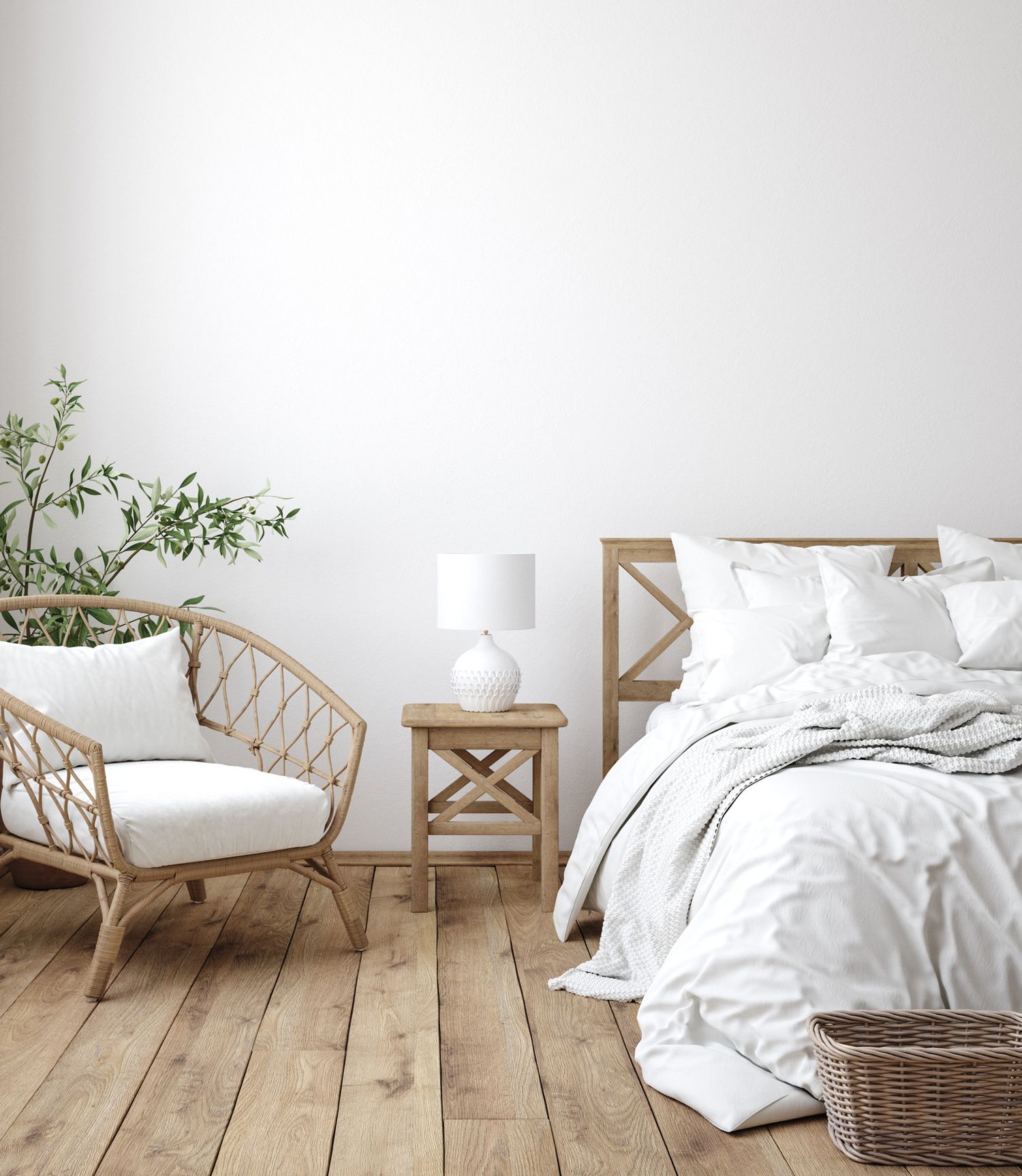 Relaxed coastal bedroom in Alicante with light wood flooring and neutral palette. Styled and photographed for modern short-term stays.