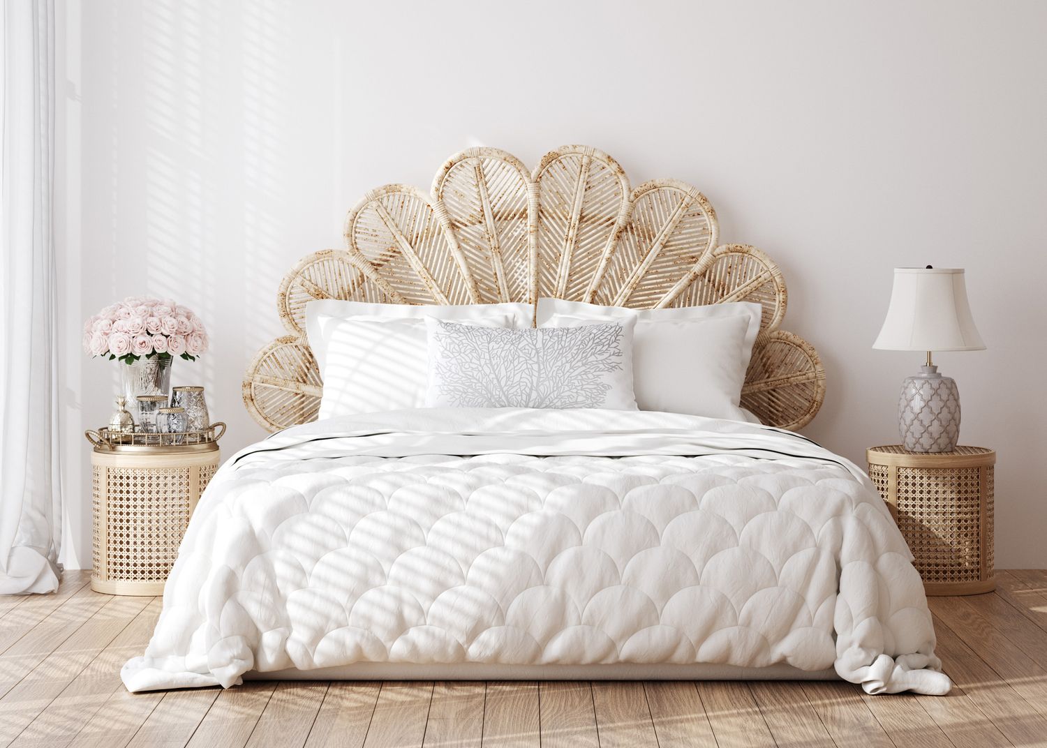 Soft-toned bedroom interior in Alicante with boho design and natural textures. Captured by real estate and interior photographer.
