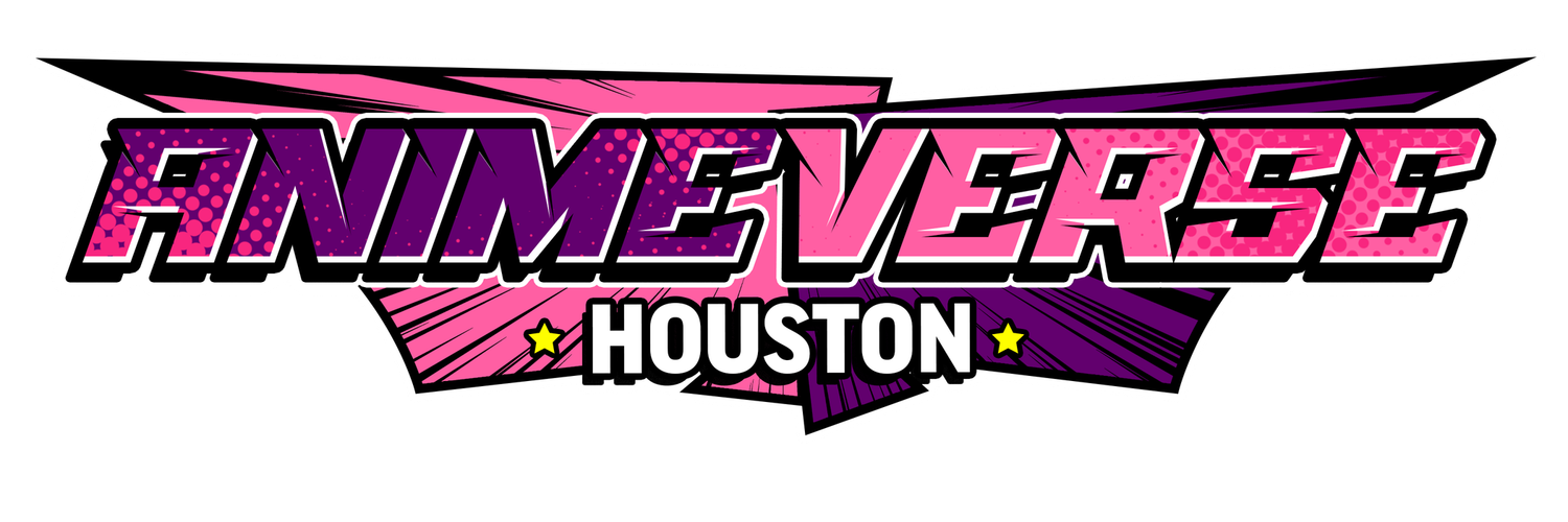 AnimeVerse Houston logo with bold pink and yellow text on a dark starburst background, styled in a dynamic comic book design.