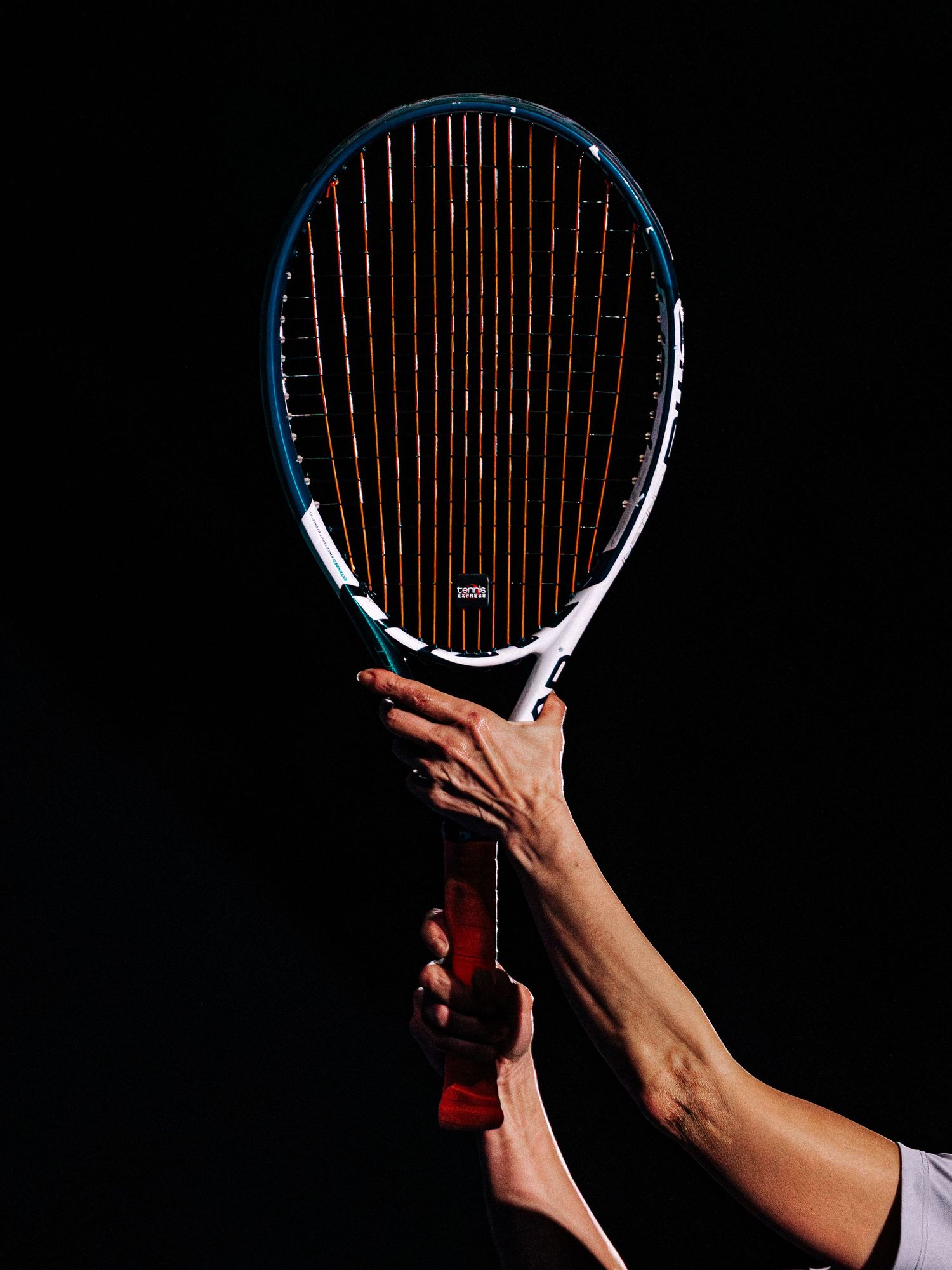 A sequence of photos showing a tennis racket being held up against a black background with dramatic lighting.
