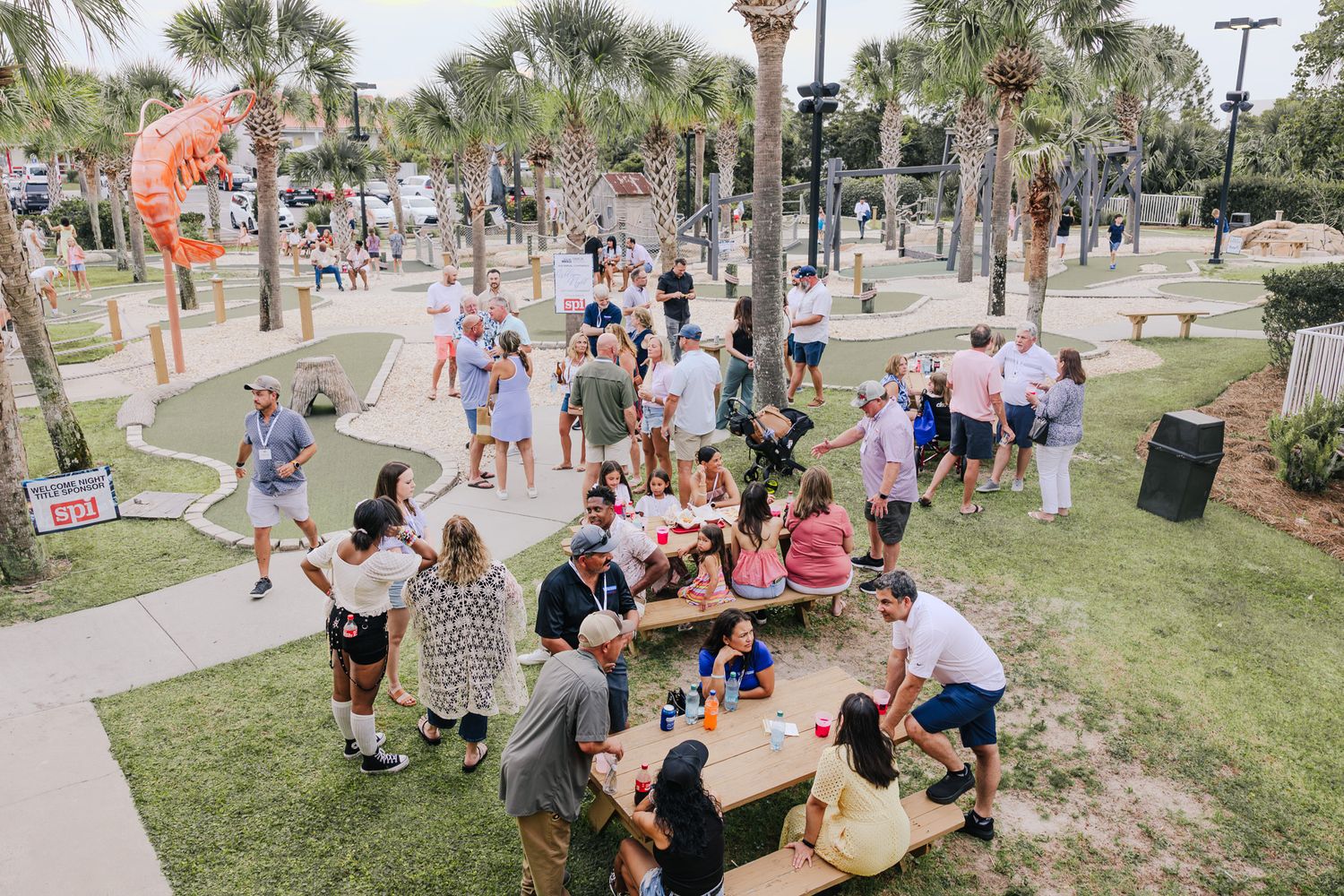 People gather at a beachside park with palm trees for an outdoor community event on a sunny day.
