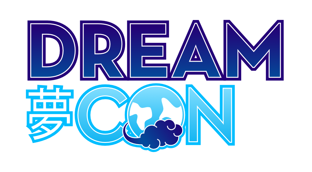 DreamCon logo featuring bold blue text, Japanese kanji for dream, and a blue globe with clouds graphic.