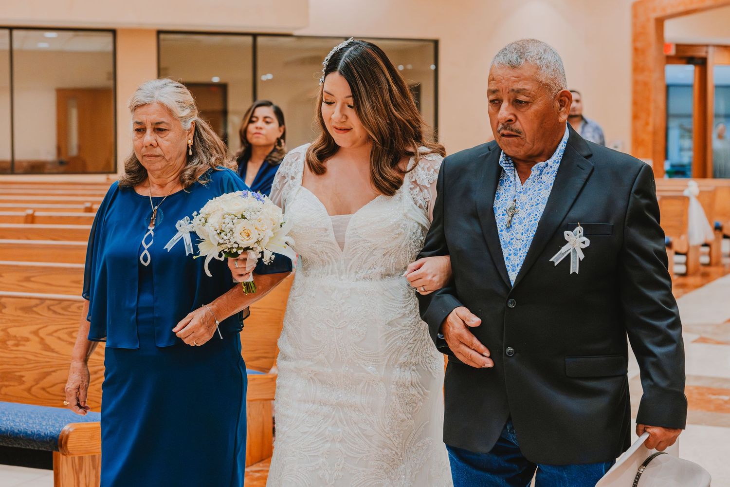 A series of wedding ceremony moments showing the bride walking down the aisle with family members in formal attire.