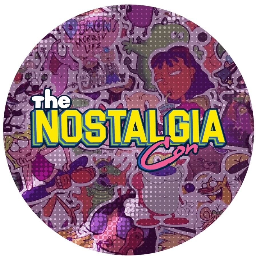 Circular badge logo for The Nostalgia Con event with colorful retro pop art collage background in purple and pink tones.