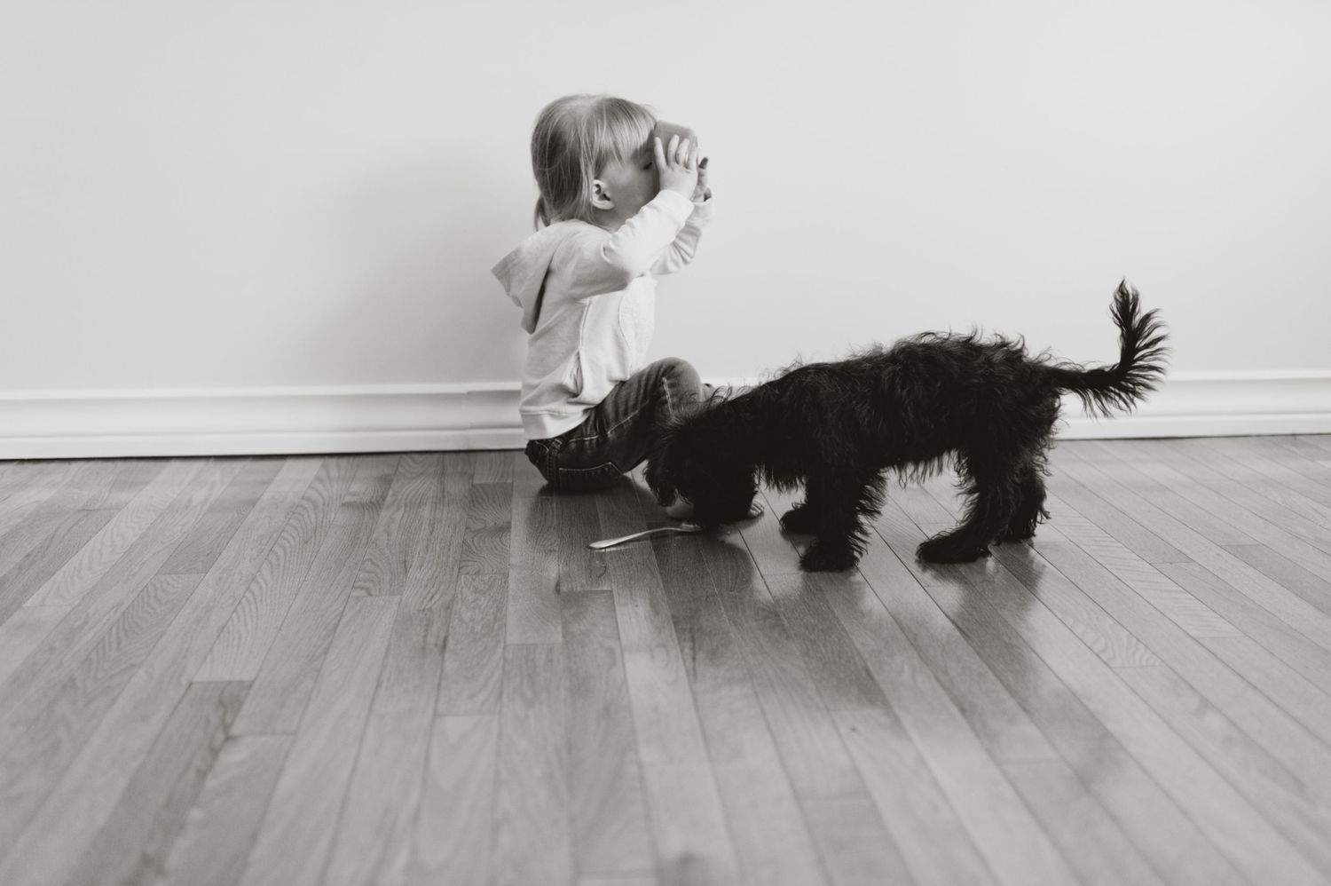 Young child playing with a small black dog in a bright, minimalist room with hardwood floors. Candid black and white family photo.