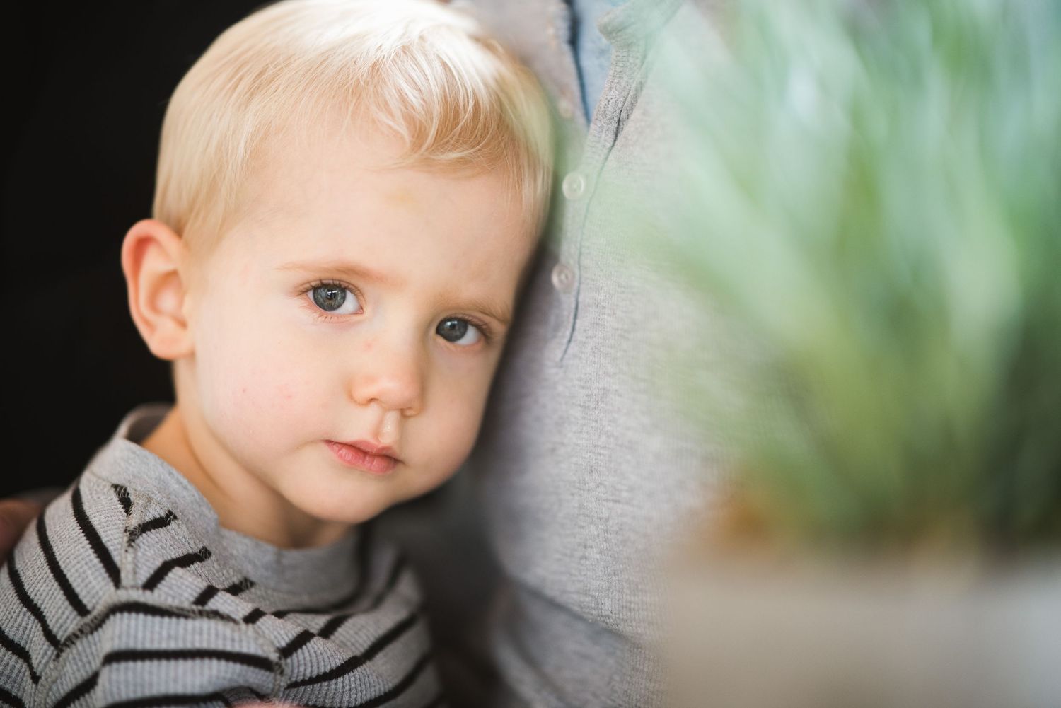 Close-up portrait of blonde toddler by window. Honest indoor moment from a lifestyle family session.