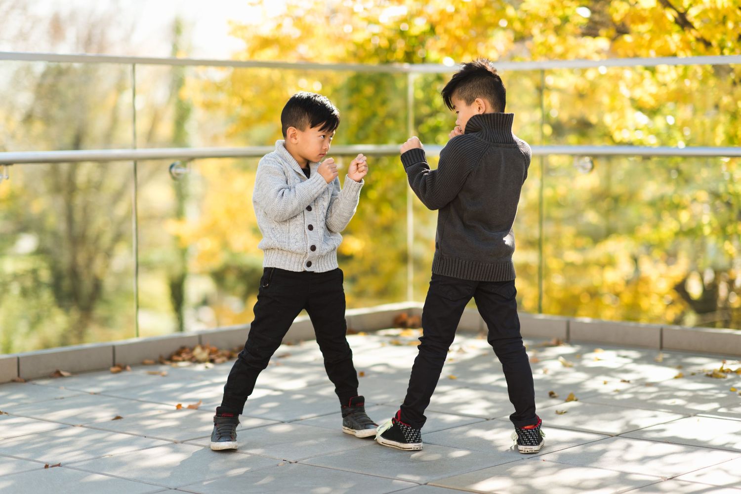 Two boys face off playfully with mock fighting stances on a sunny outdoor platform.