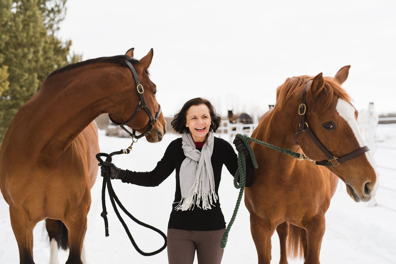Woman smiling between two chestnut horses on a snowy day, gently holding their reins.
