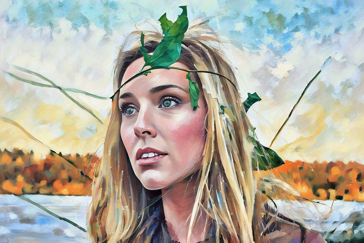 A photo of a woman with blonde hair looking out into the distance wearing a leafy flower crown with a sunset behind her.