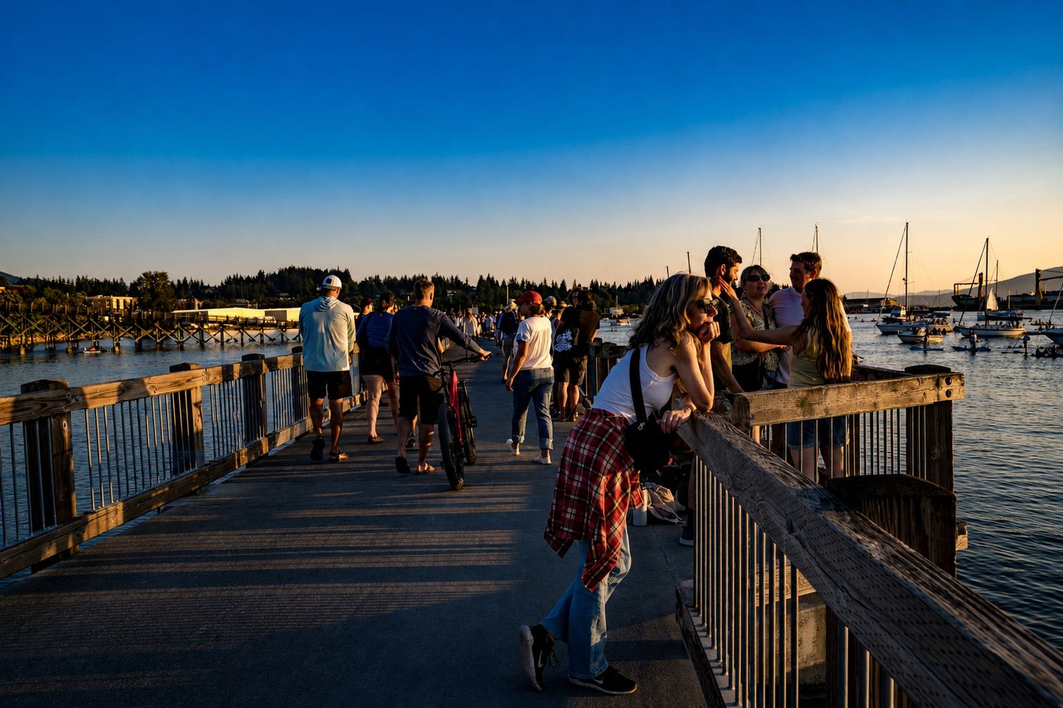 People gather on a wooden pier at golden hour, enjoying waterfront views with sailboats and trees in the background.