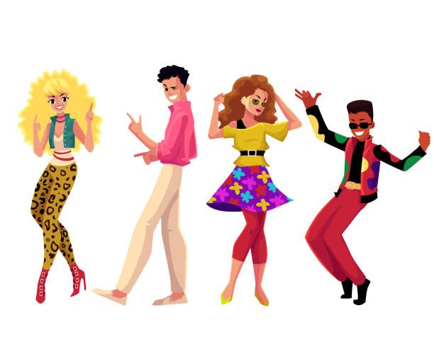 Cartoon characters in colorful retro outfits dancing together in different energetic poses.