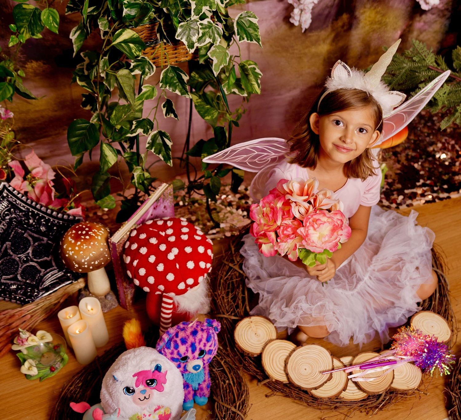 Young girl dressed as a fairy with white wings and tutu, surrounded by mushrooms, candles, and flowers in an enchanted forest setting.