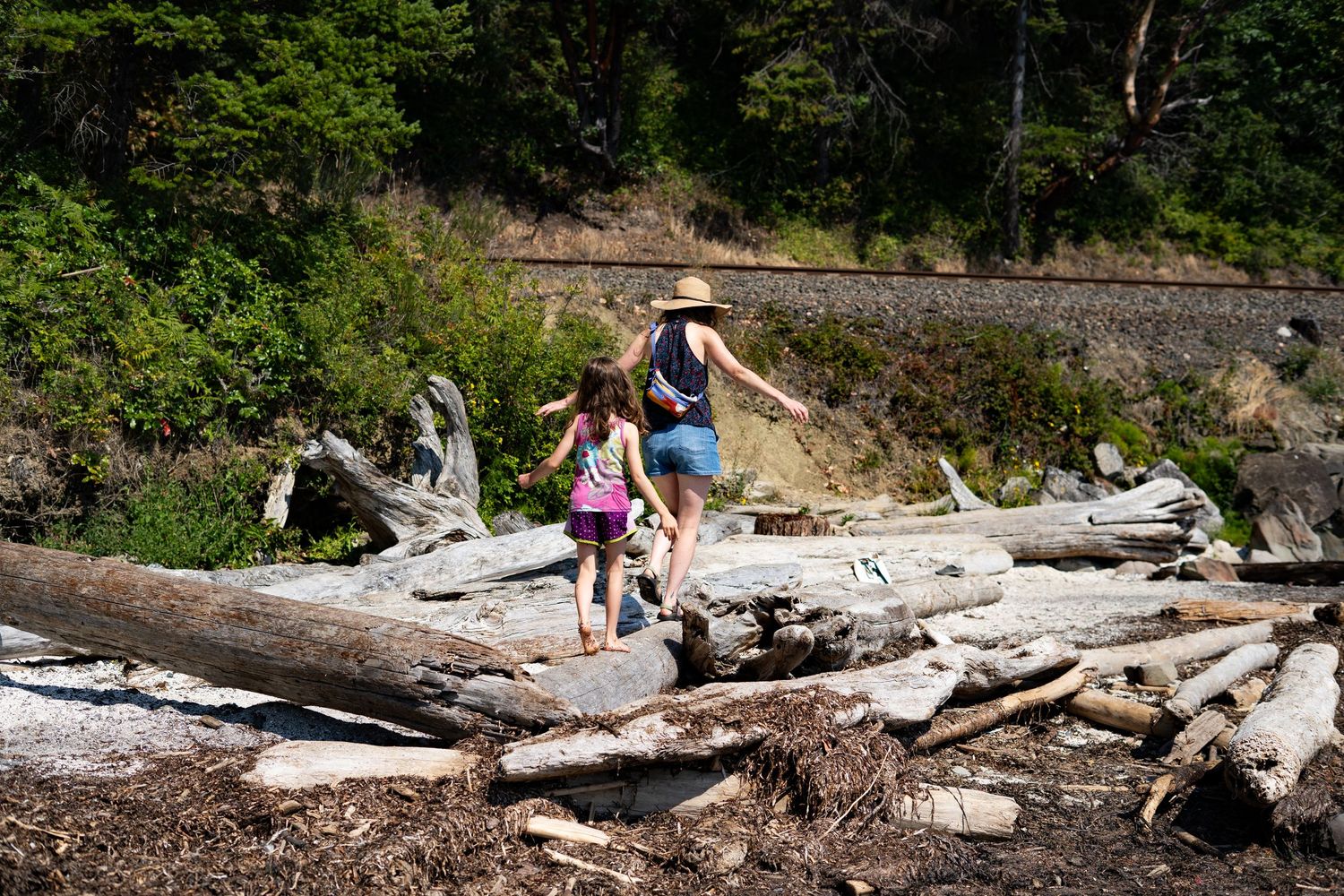 A woman and child climb over driftwood logs on a sunny beach with lush green trees in the background.