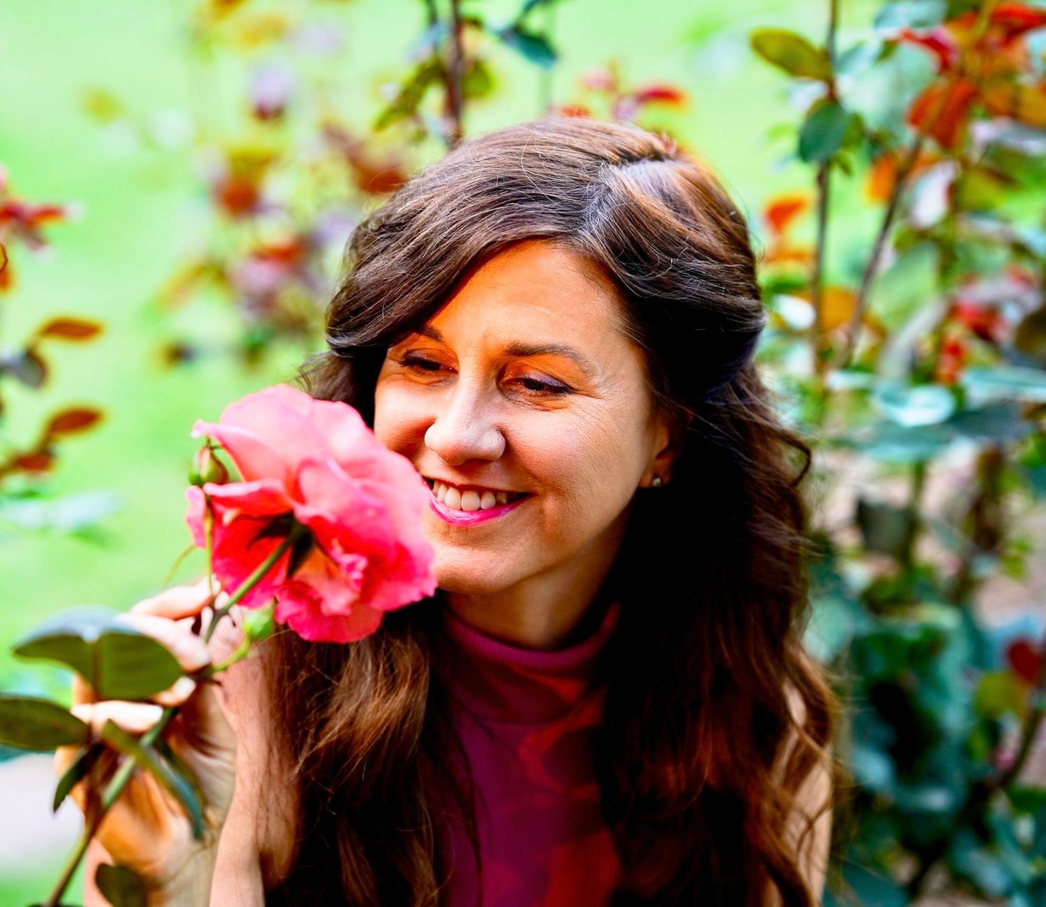 A series of four photos shows someone smelling pink roses in a garden with a joyful expression.
