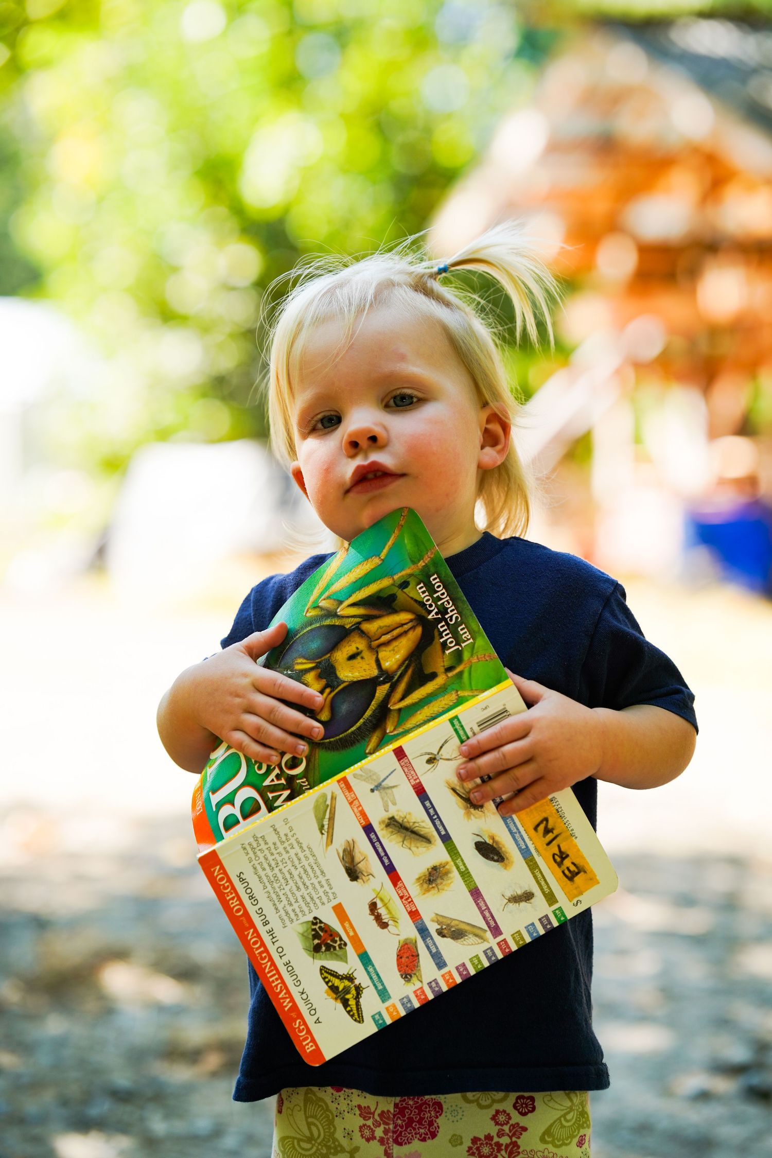 Toddler with blonde pigtails holding a colorful insect guide book outdoors in a sunny park setting.