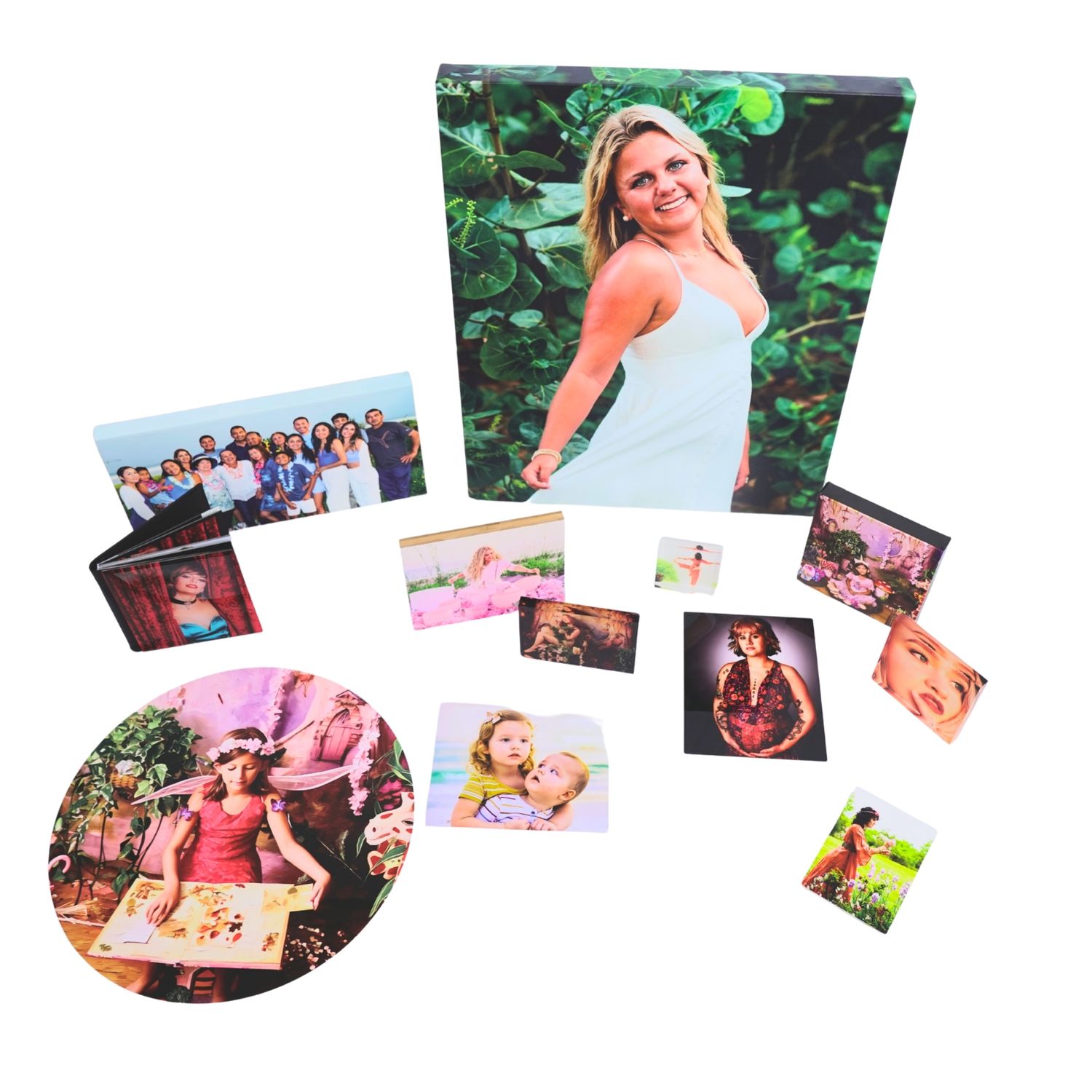 A collection of scattered wedding and portrait photographs arranged in a curved layout against a white background.