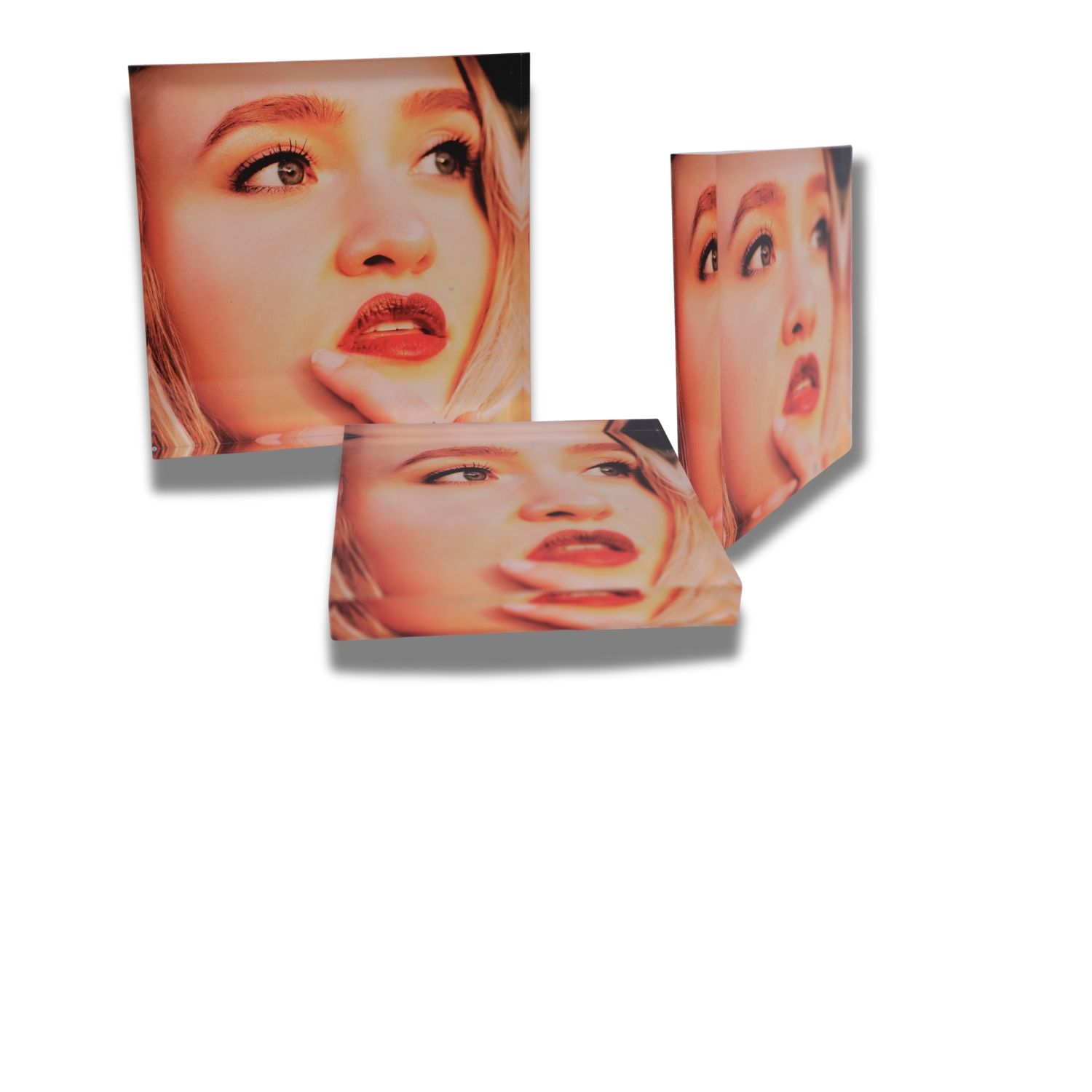 Close-up artistic photo series showing vibrant red lips and skin tones in a fragmented collage style composition.