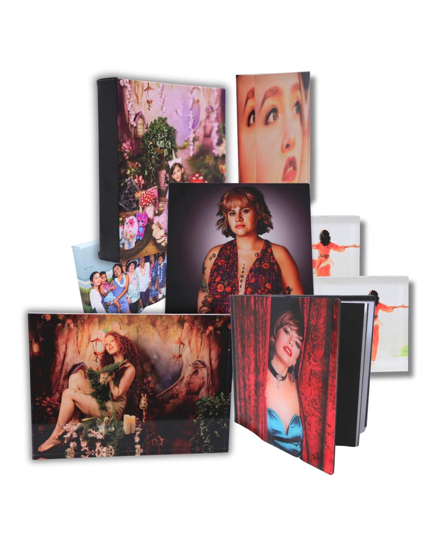 A series of overlapping photo prints arranged in a diagonal line showing artistic portraits and fashion photography.