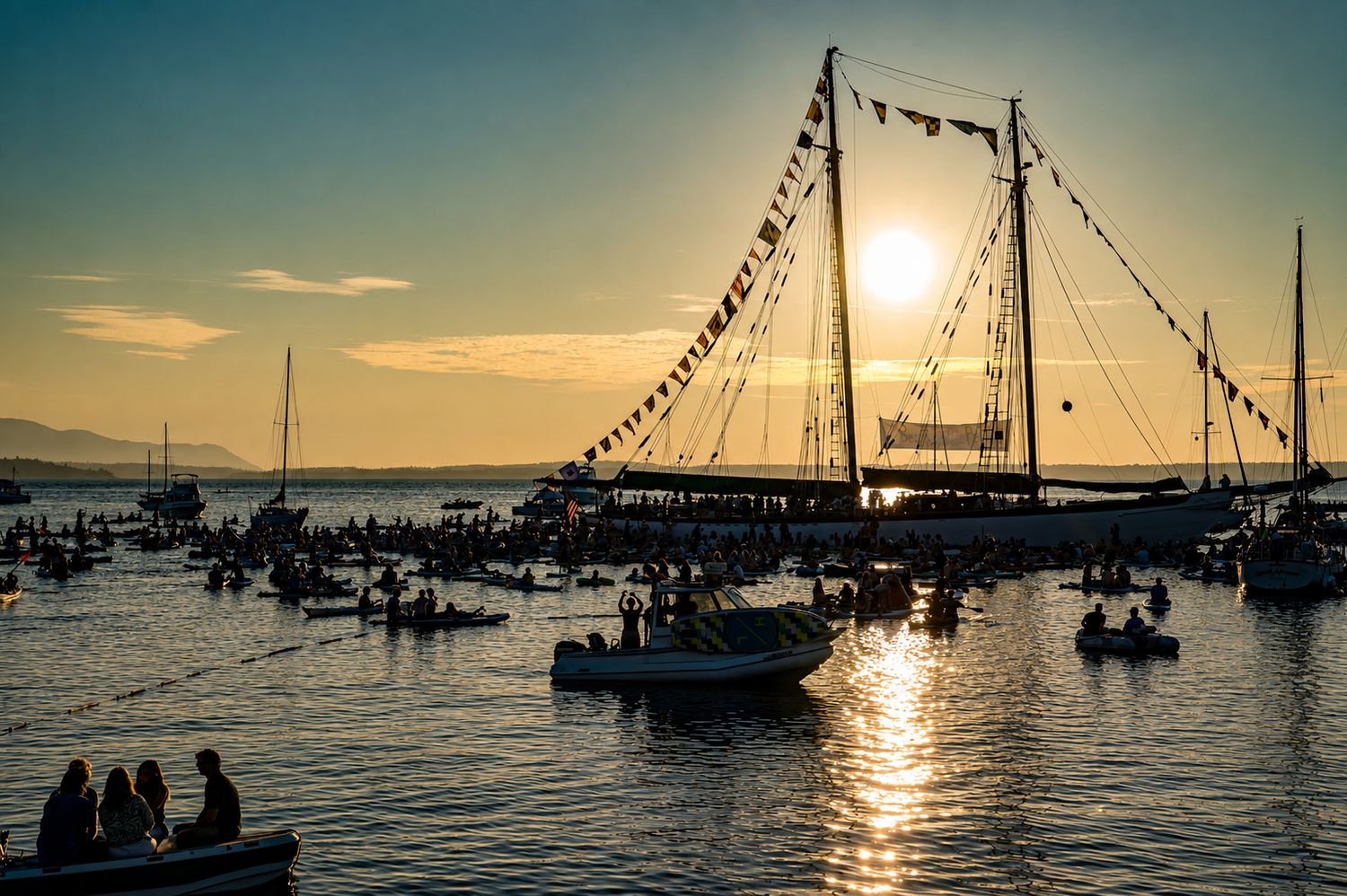 Sailboat with colorful pennant flags silhouetted against golden sunset on busy harbor with small boats and crowds.