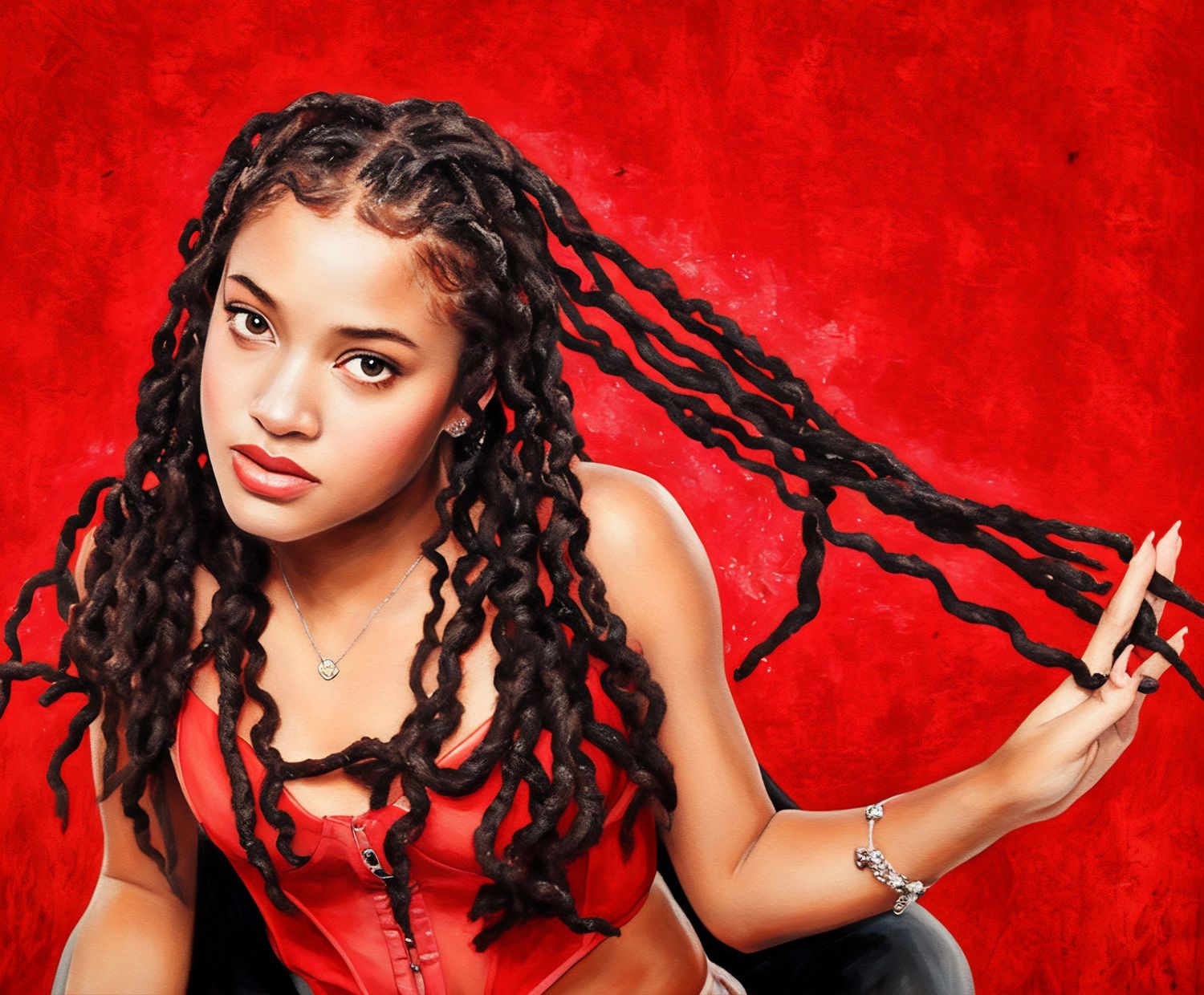 A photo of a girl with a red backdrop and a bright red tank top, she has black dreads and is looking at the camera.