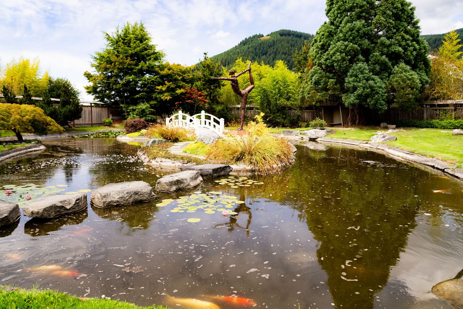 Serene Japanese garden pond with koi fish, lily pads, rocks, white bridge, and lush green trees on a cloudy day.