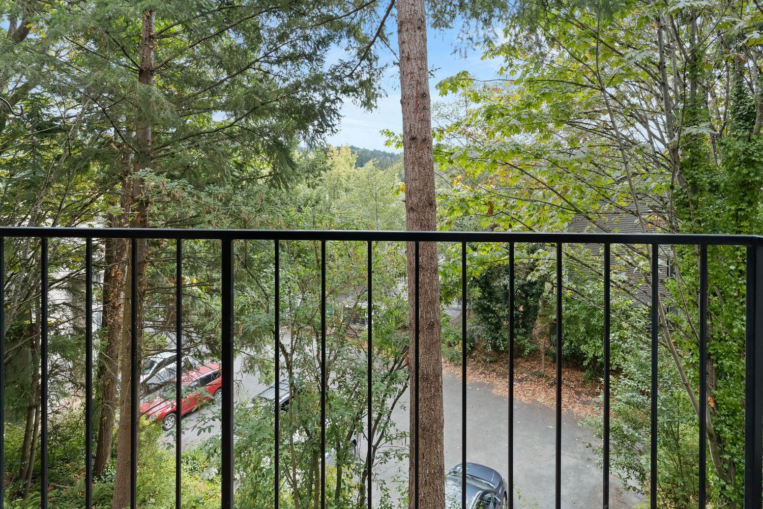 Balcony view with black iron railing overlooking lush green trees and a parking area with a red car below.